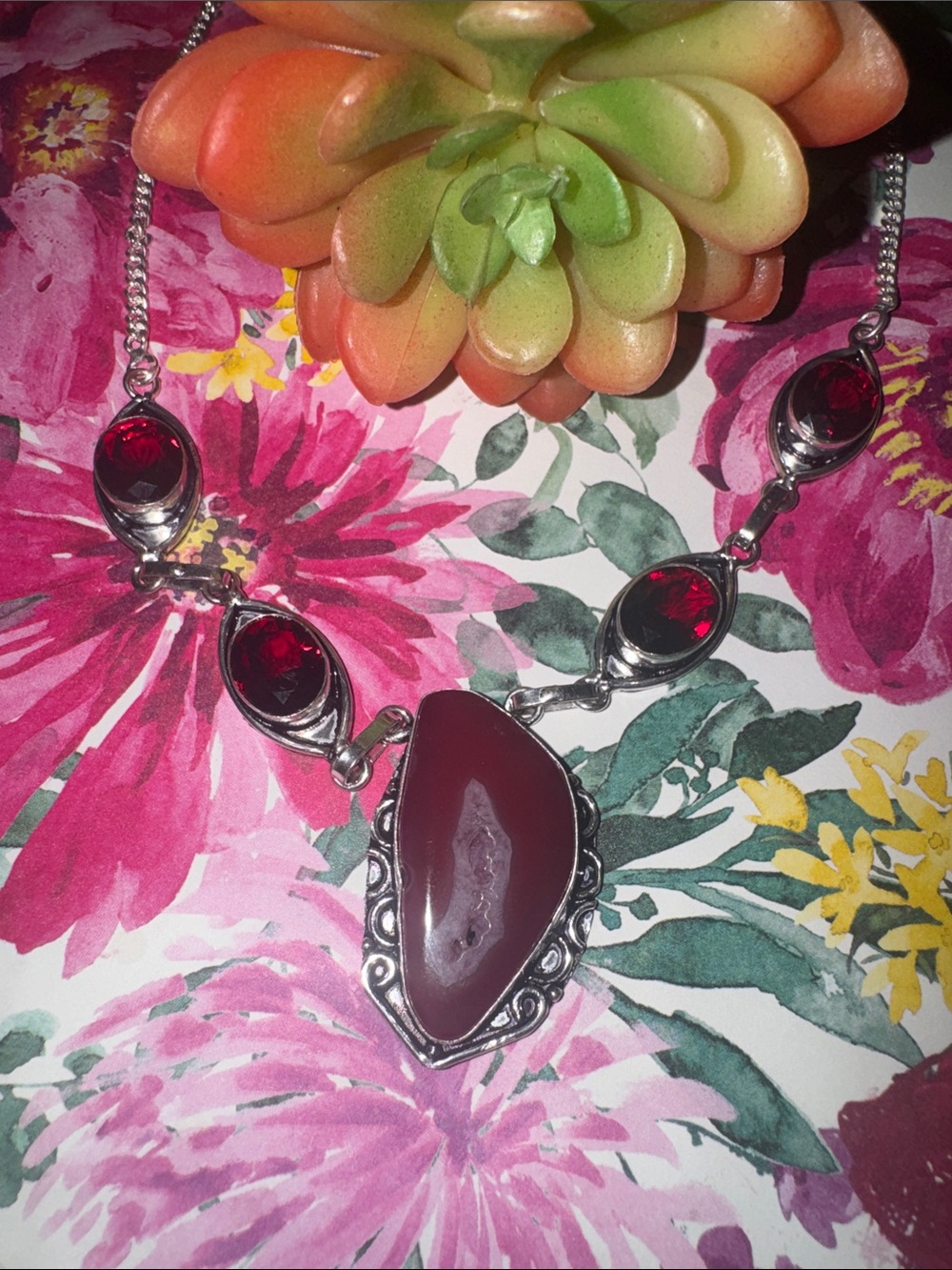 Agate & Garnet Silver Necklace
